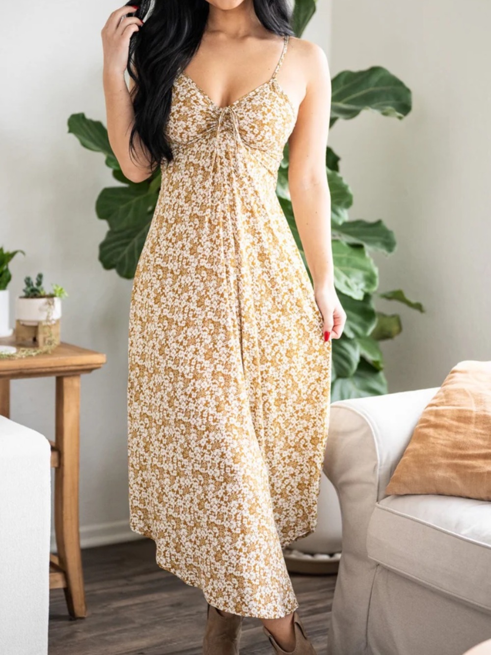 Sozy Sandrine Mustard Yellow Floral Midi Dress Size S